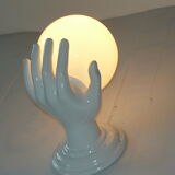 Hand lamp in white ceramic and white opaline globe, in perfect condition
