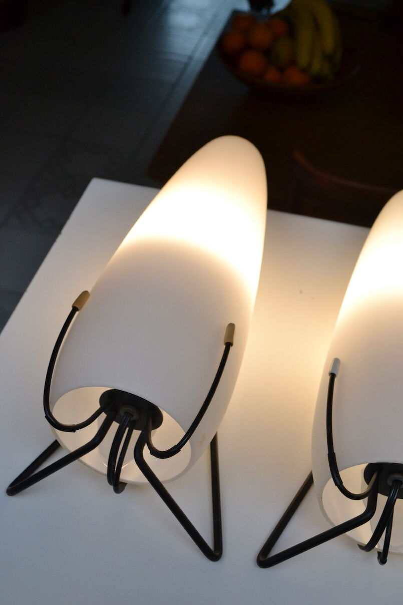 Pair of wall lamps louis kalff opaline wired metal