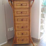 Semainier 6 tiroirs en bois, bambou et rotin tressé, années 60