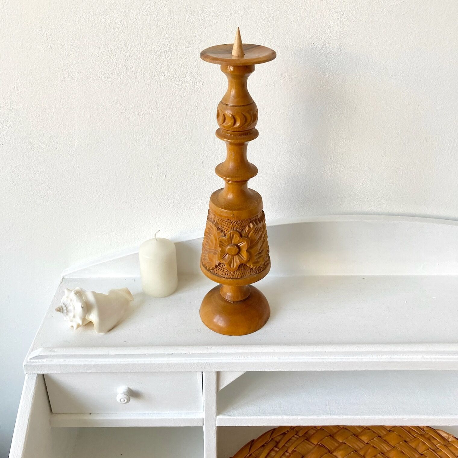 Carved wooden candle holder