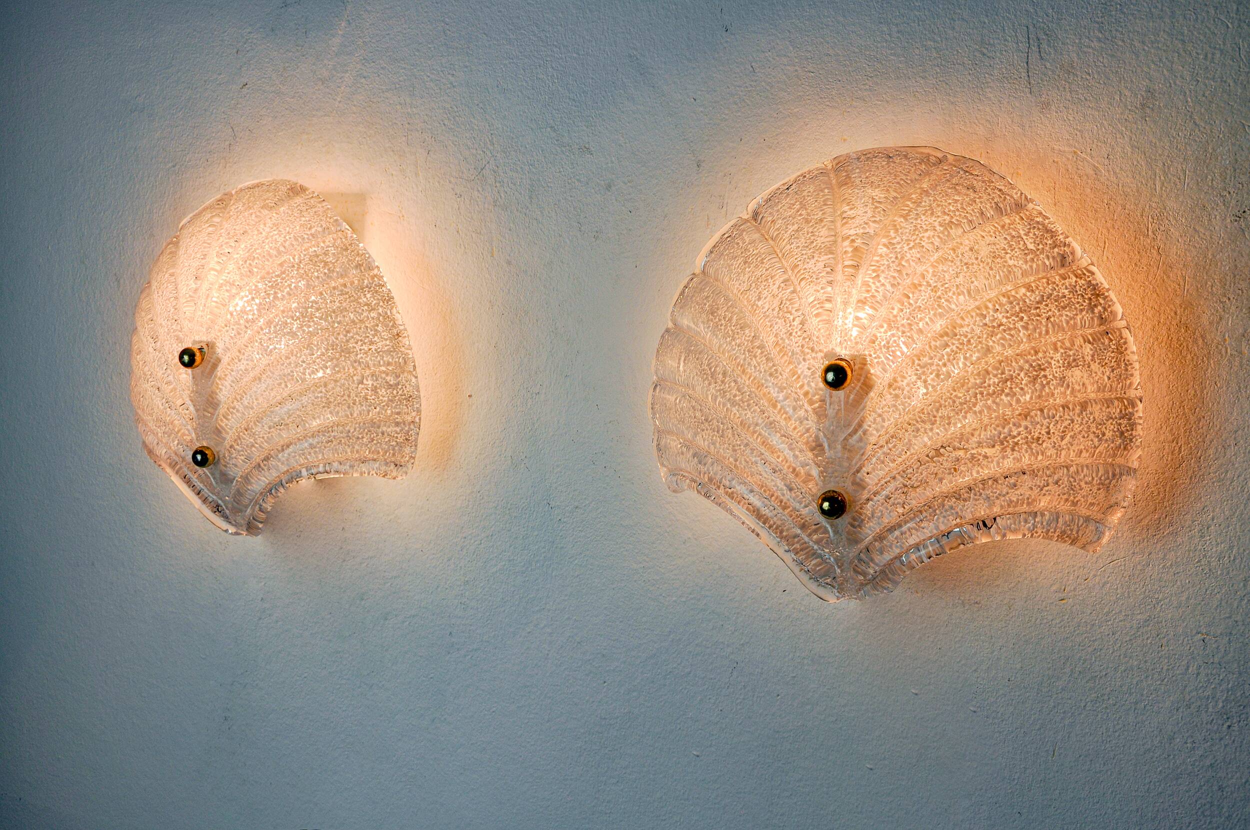Pair of XL shell wall lights, frosted Murano glass, Italy, 1980