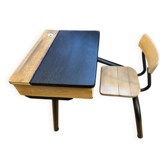 Restored vintage wood and black metal school desk with porcelain inkwell