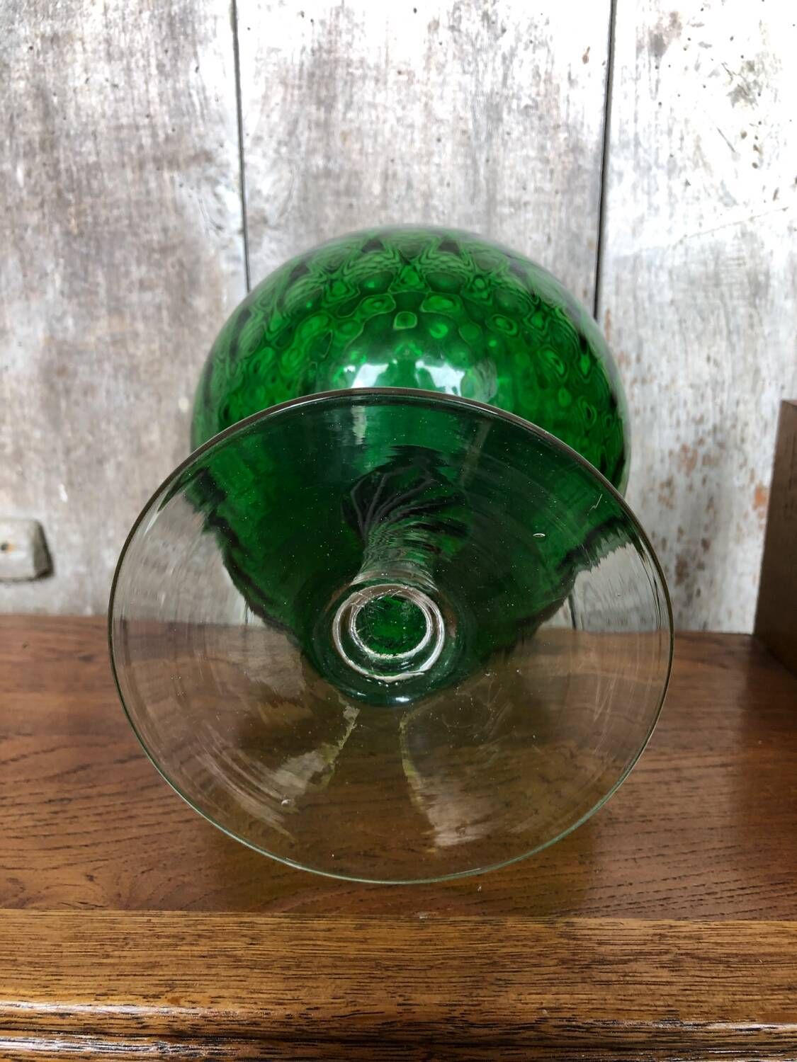 Old vase on foot empoli green glass transparent foot vintage
