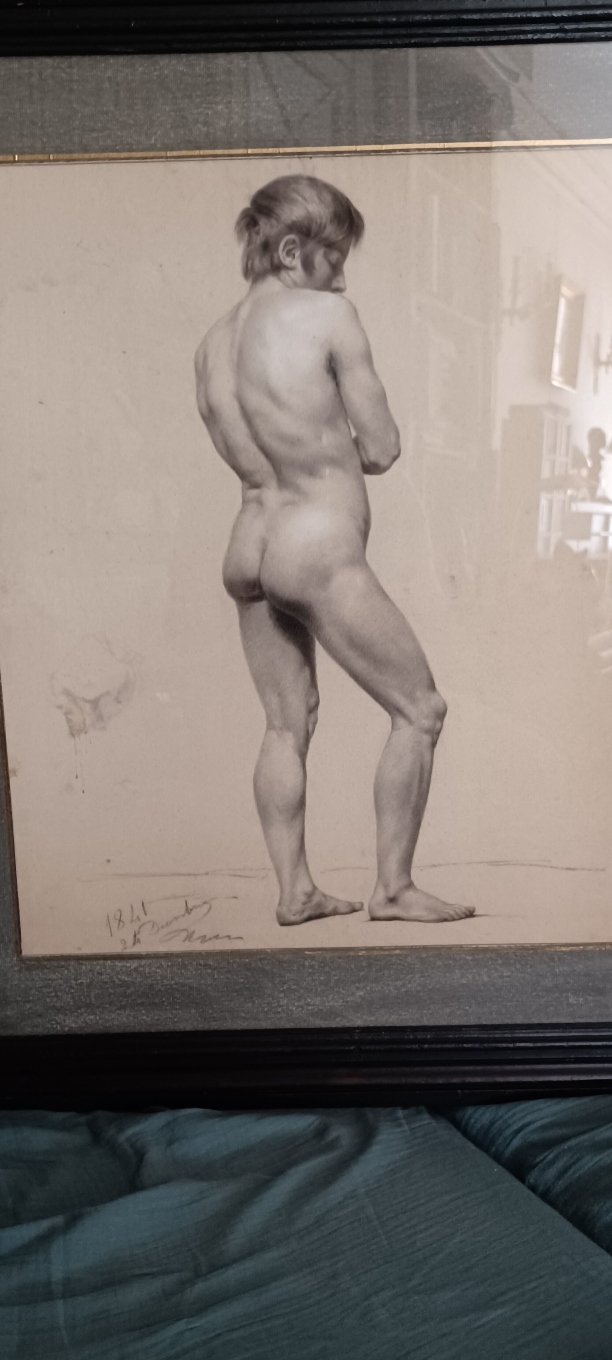 Drawing of a male nude in charcoal - academy signed and dated