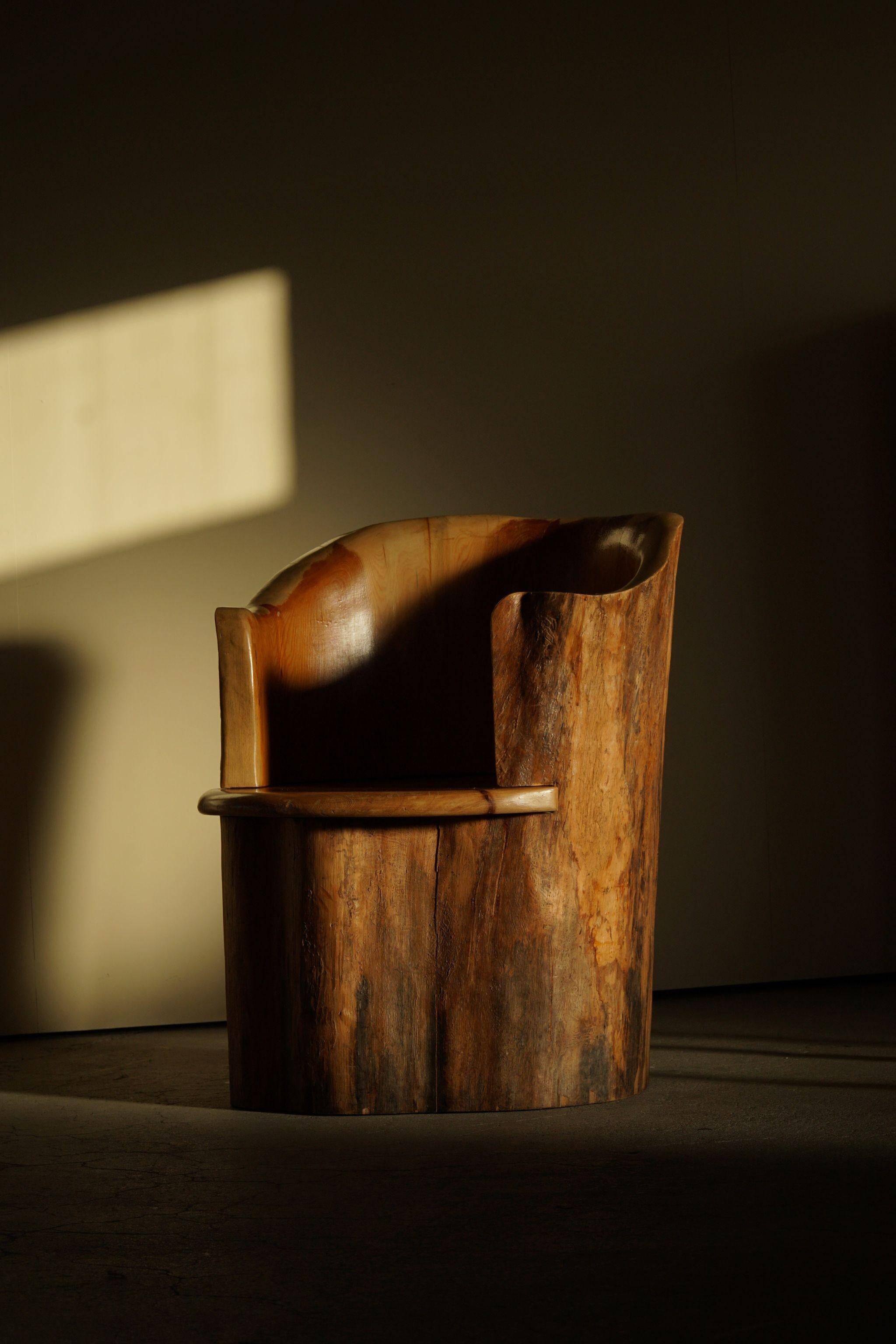 Sculptural stump chair, Brutalism, Wabi Sabi in solid pine, Swedish, 1968.