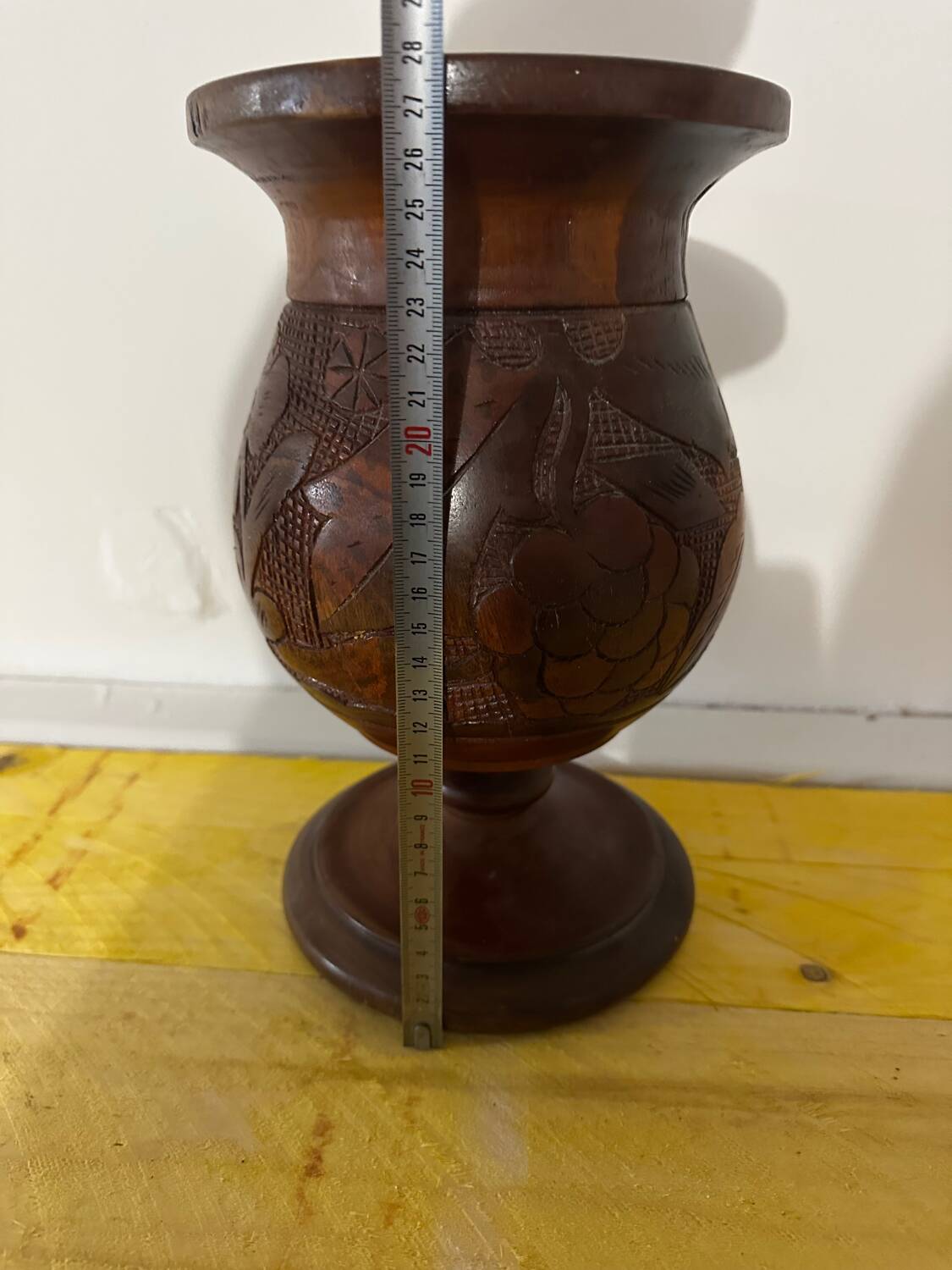 Vintage Turned and Carved Wooden Vase - Vine Decor H 28 cm