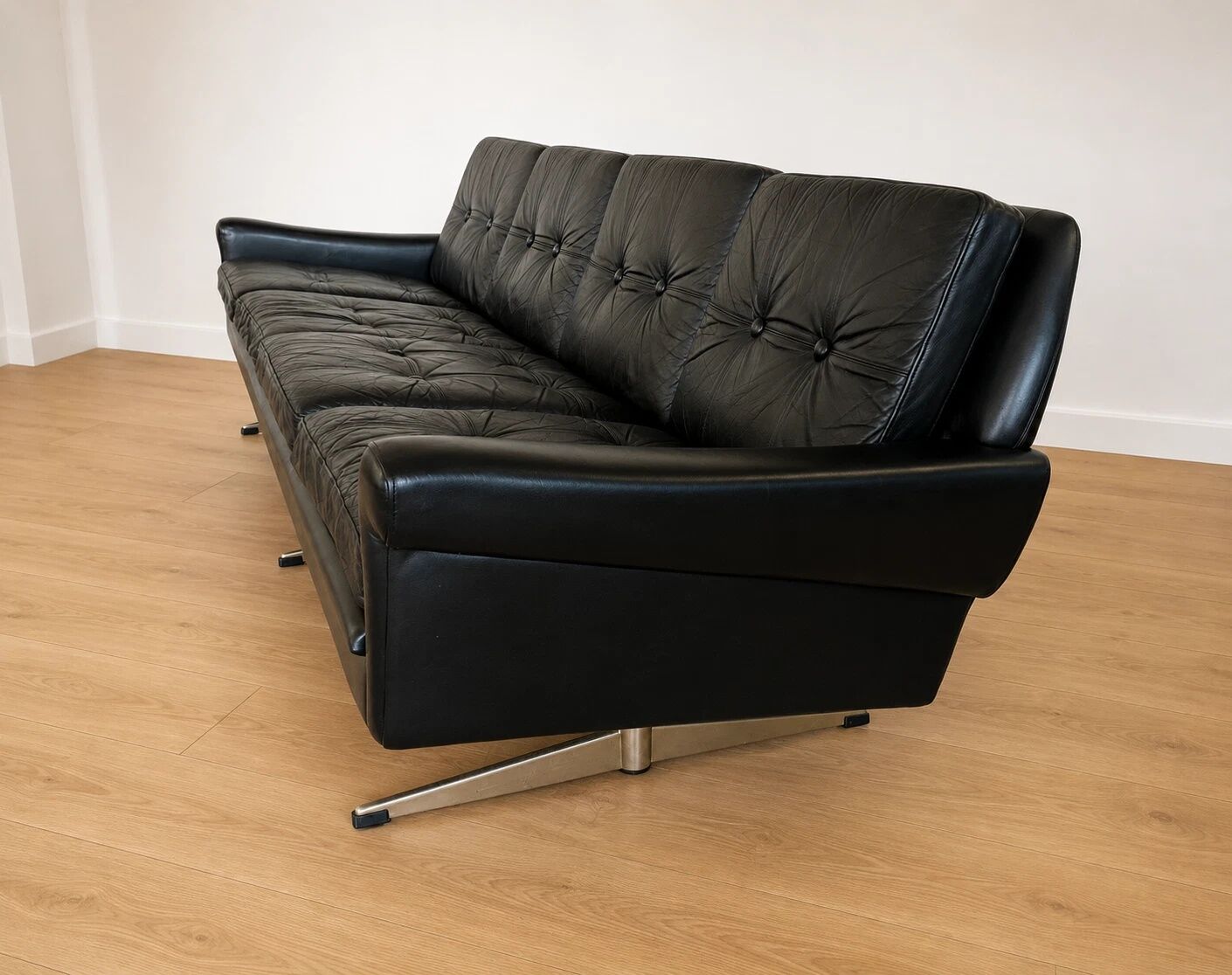 Vintage Danish Svend Skipper 4 person sofa in black leather and chrome