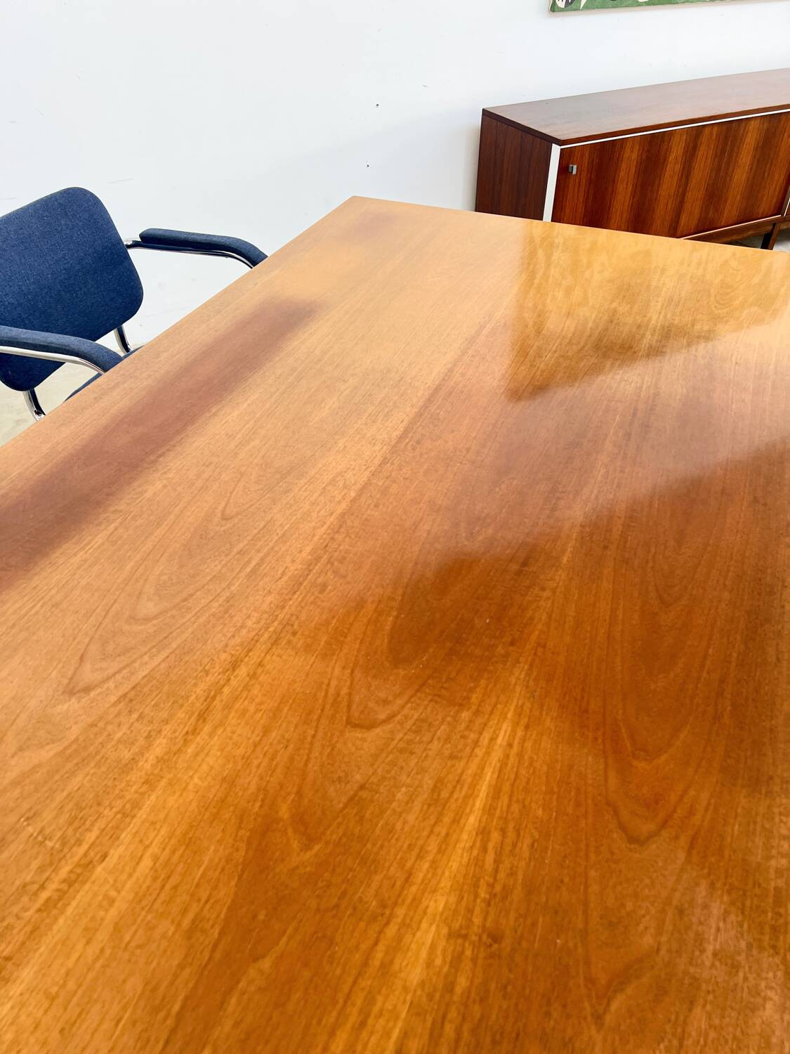 Italian walnut and chrome dining table with 4 drawers