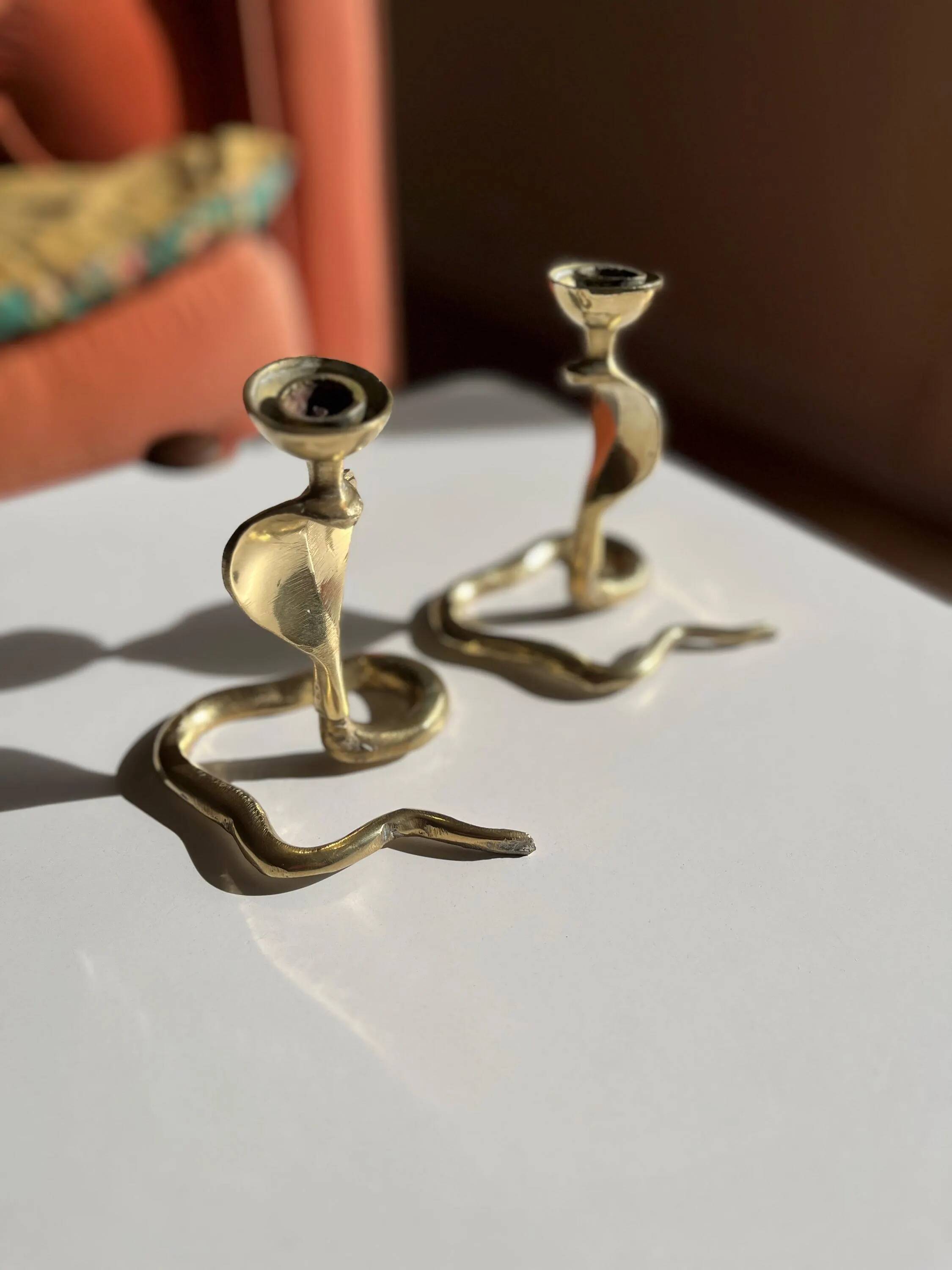 Pair of vintage brass snake candlesticks