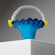 Blue Murano Glass Handle Bowl with Yellow Flowers - Vintage 1970s Italian Mid-Century Decor