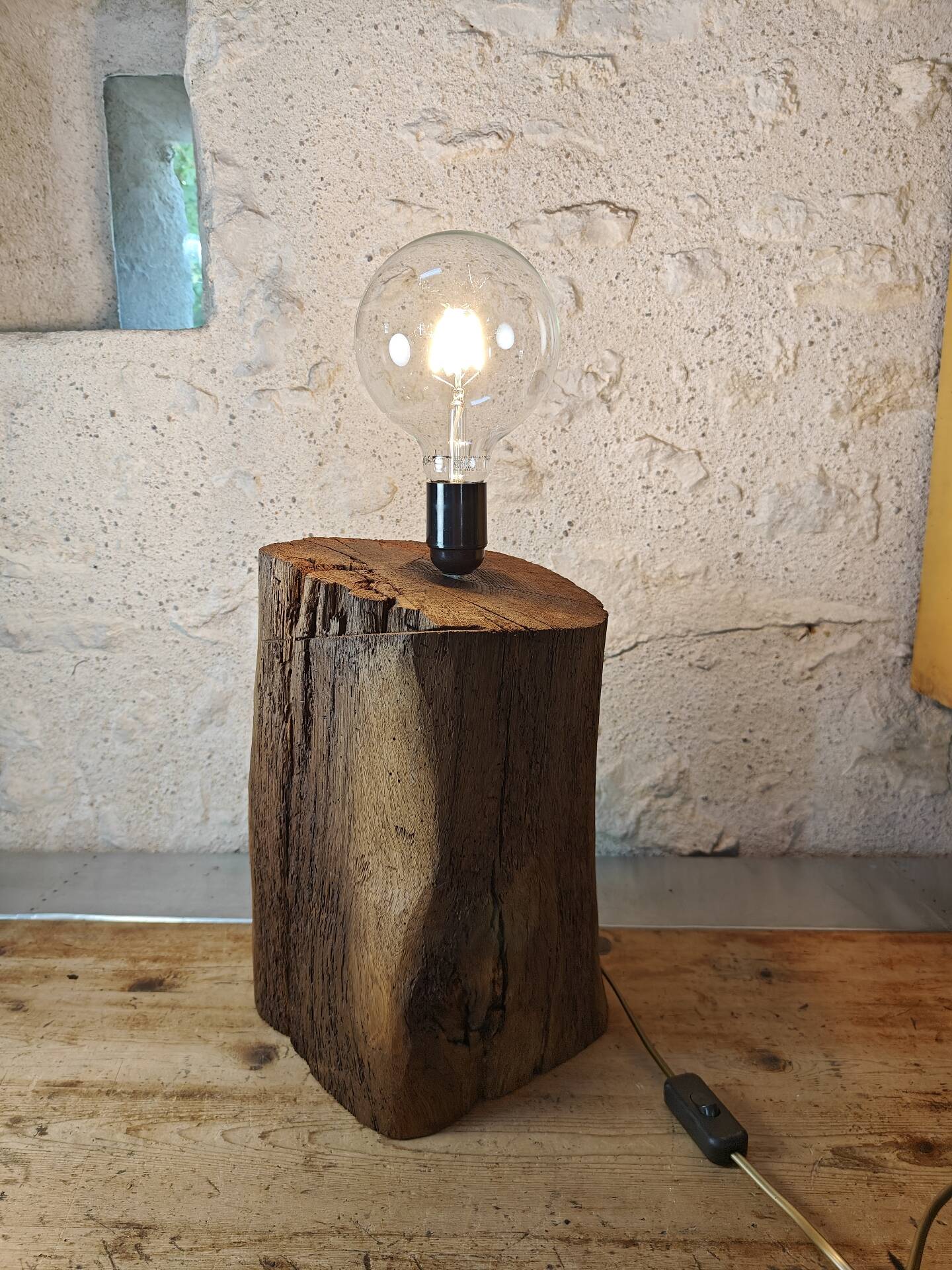Brutalist table lamp in solid oak