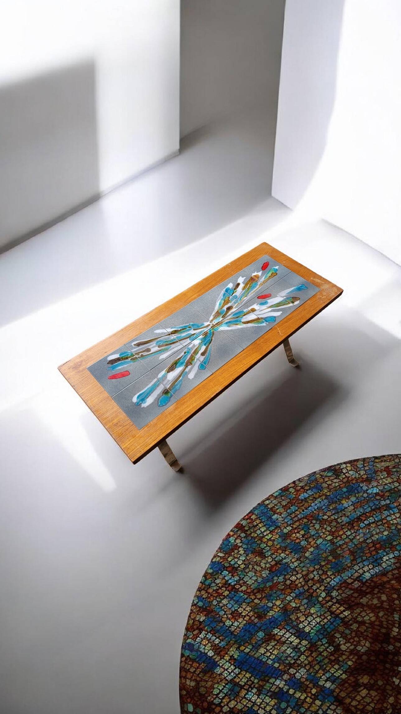 Vintage 70s design coffee table, wooden and ceramic top with aluminium legs.