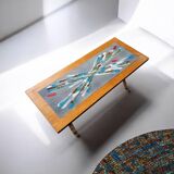 Vintage 70s design coffee table, wooden and ceramic top with aluminium legs.