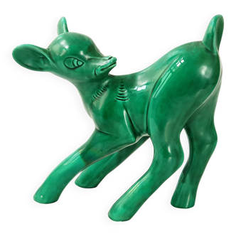 IMPORTANT FAON BAMBI 1960 GIANT VINTAGE GREEN CERAMIC HEIGHT 30CM 60S 19