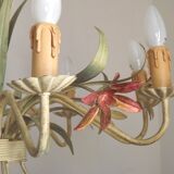 Italian vintage metal chandelier with 8 lights, Mathias bouquet, pink flowers.