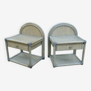 Pair of bamboo and rattan bedside tables Roche Bobois Maugrion vintage 1970-80 tinted