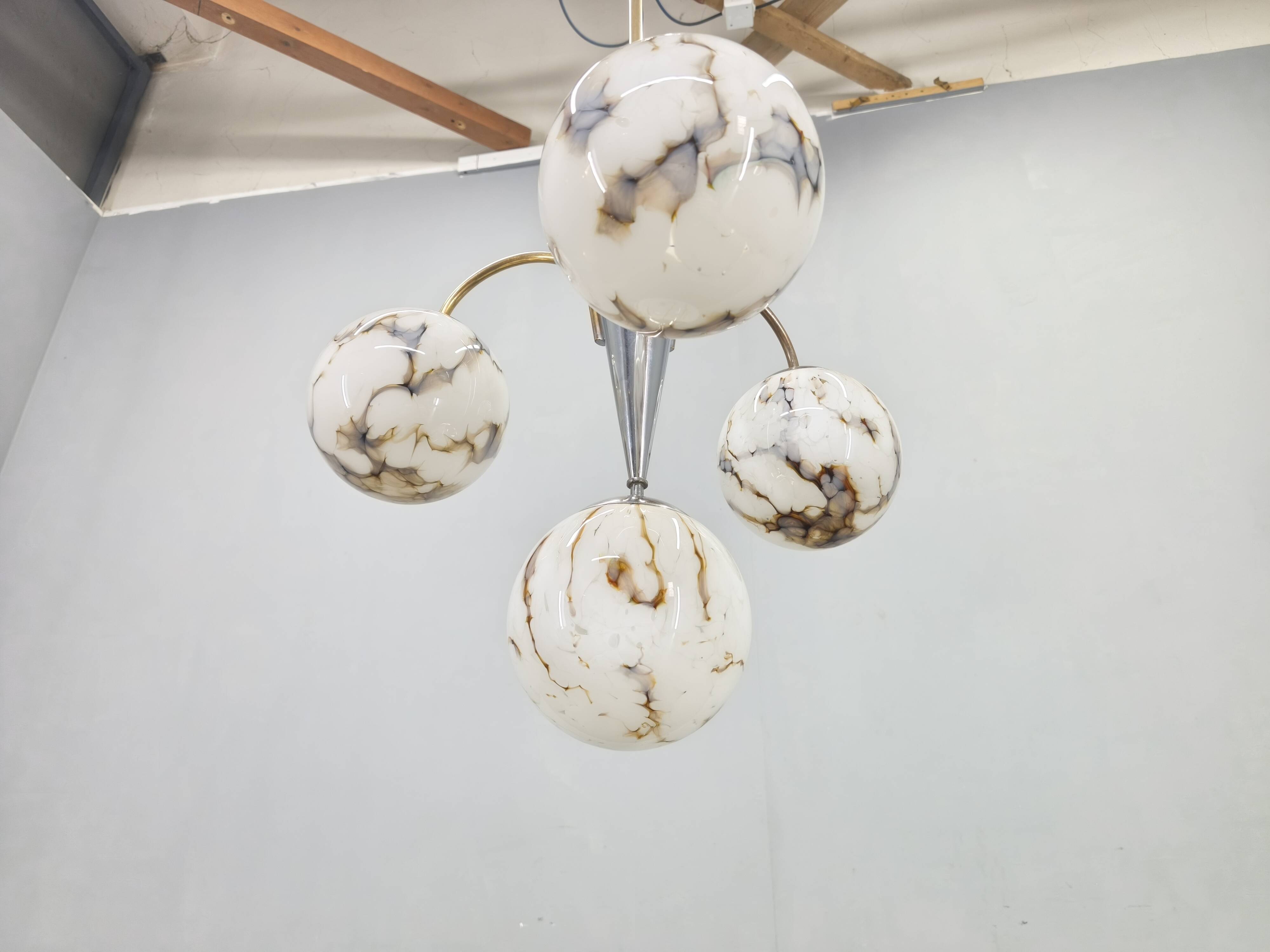 Art Deco Chandelier, Marble Glass, Brass & Chrome, 1930s