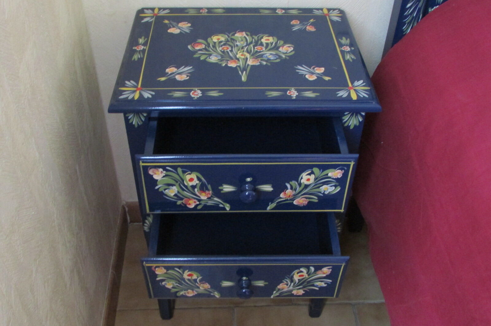 2 bedside tables, flowery blue lacquered