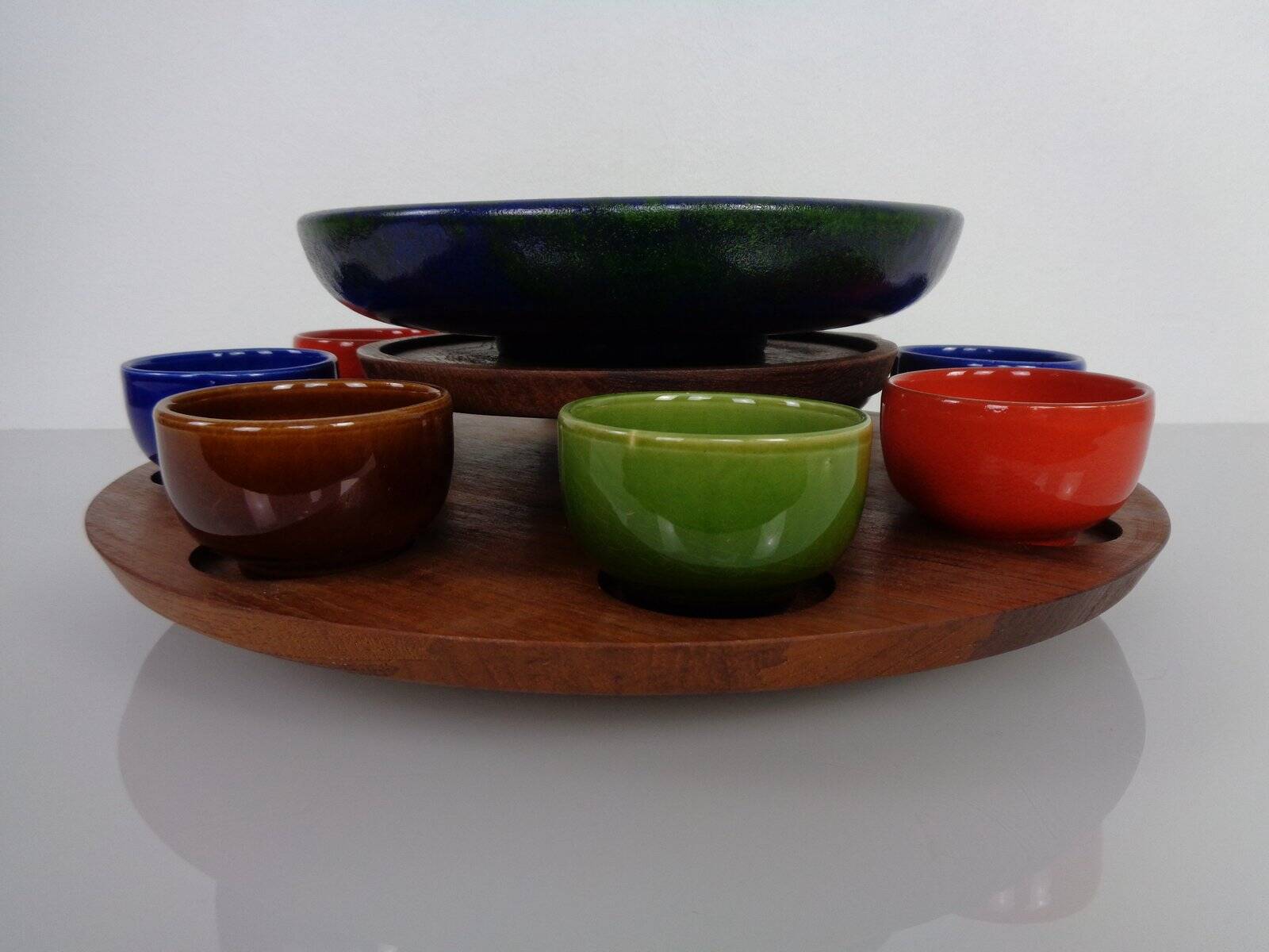 Rotating Teak Tray with Ceramic Bowls, Denmark, 1960s, Set of 10