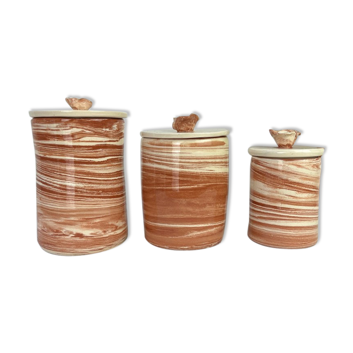 Set of 3 artisanal ceramic boxes signed Oupi Kiri vintage 50s