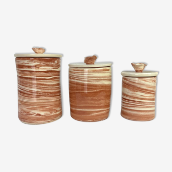 Set of 3 artisanal ceramic boxes signed Oupi Kiri vintage 50s