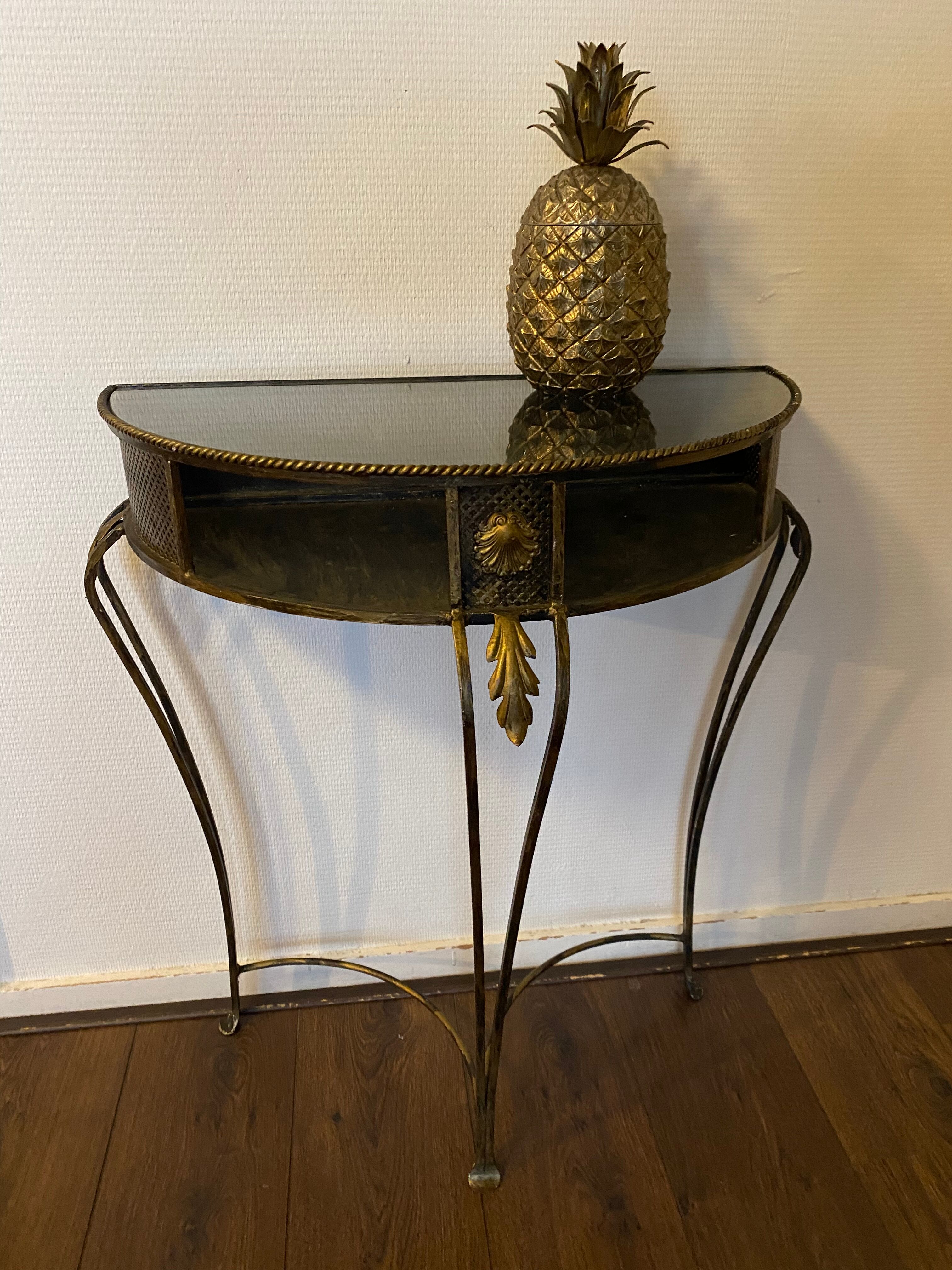Vintage Regency Black and Gold Metal Console Hall Table, 1960s