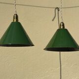 Pair of vintage industrial retro conical enamelled sheet metal pendant lights