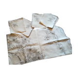 Round off-white tablecloth embroidered with grey flowers with 8 matching napkins - festive table