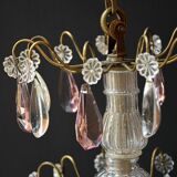Chic lustre à pampilles bronze doré 6 feux enfilage verre ancien