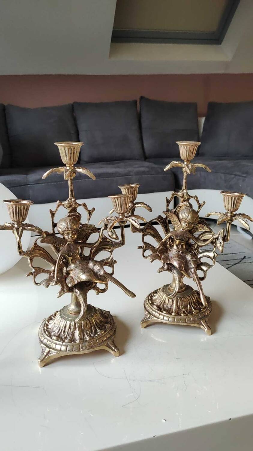 Pair of Antique 3-light candlesticks. Puttis/Cherubs. Bronze