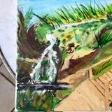 Oil painting on canvas river and pontoon signed
