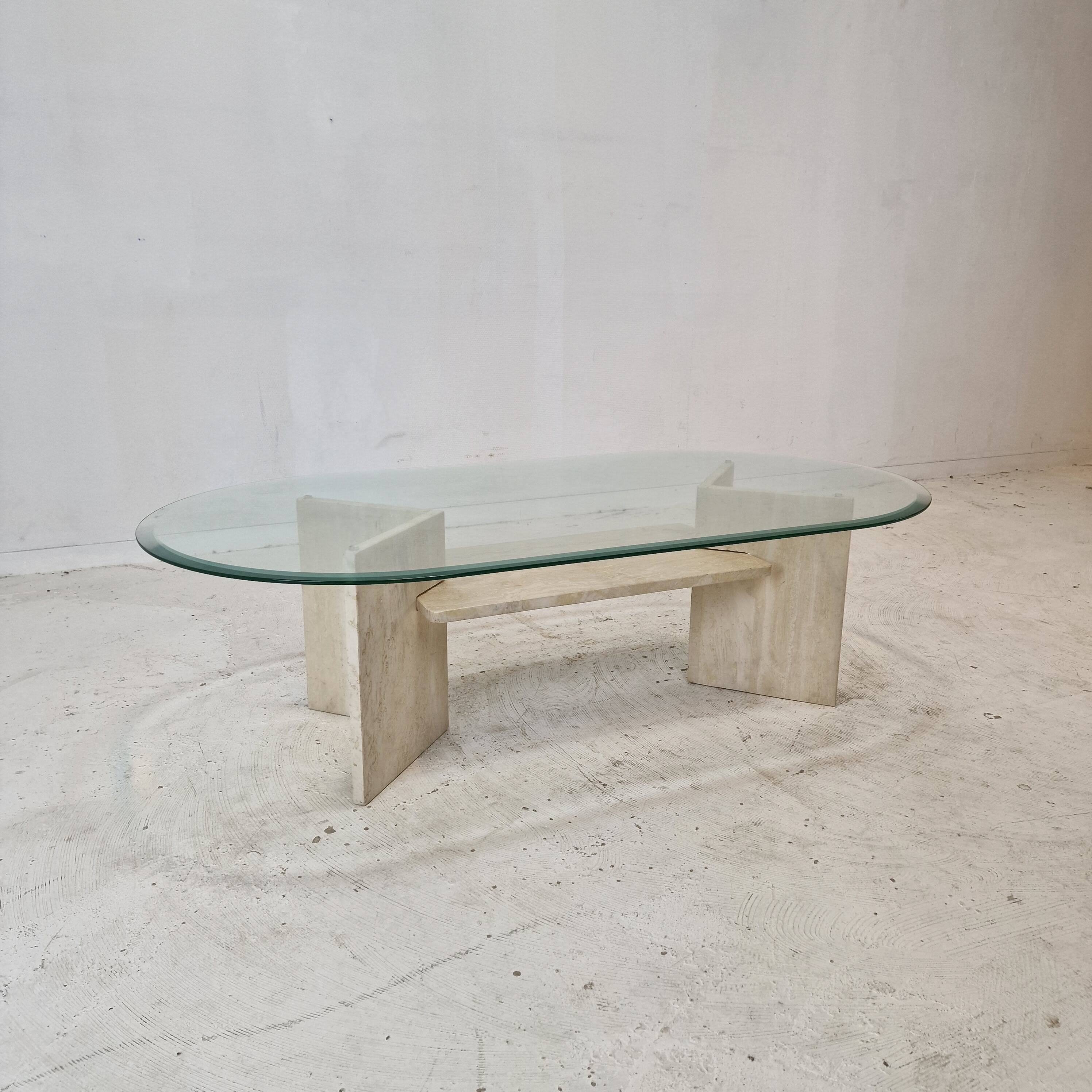 Italian Coffee Table in Travertine and Facet Cut Glass, 1980s