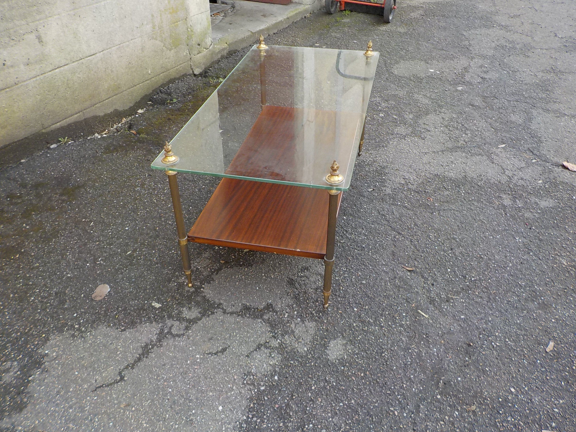 Coffee table or end of canape top glass and wood under bronze frame