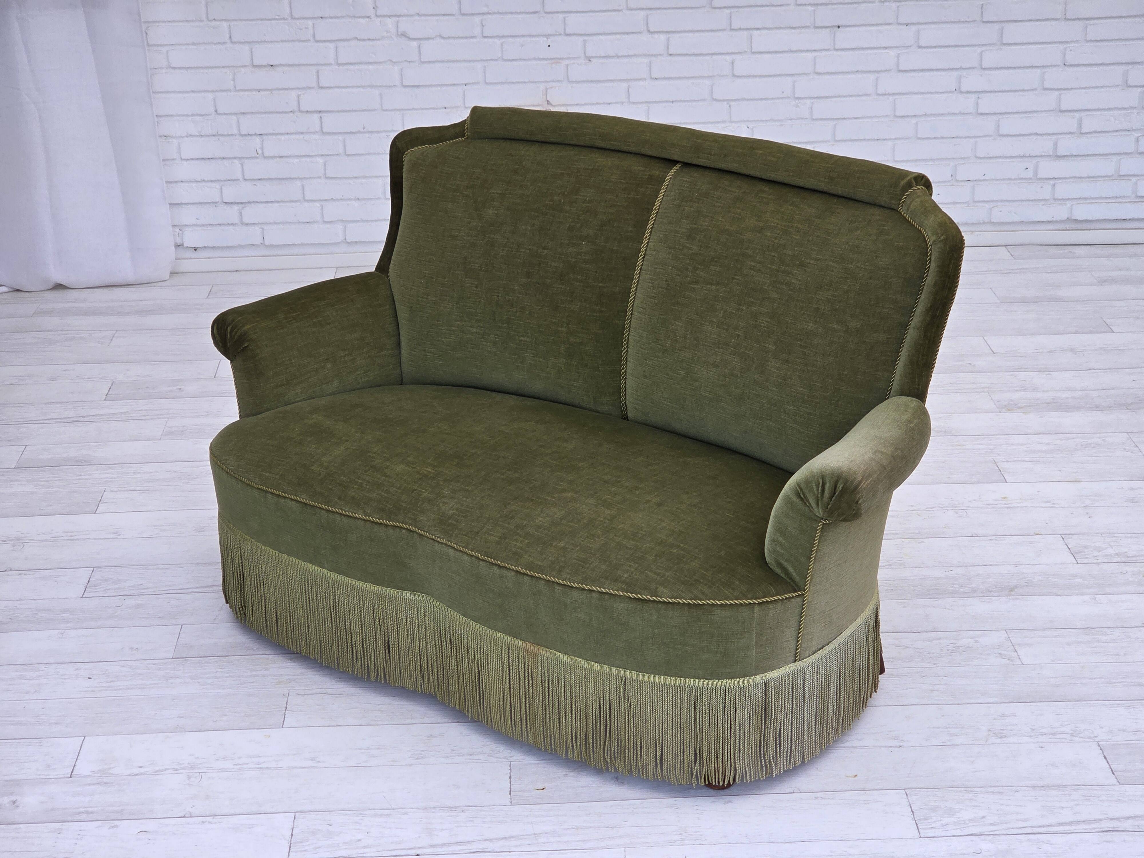 1960s, Danish 2-seater sofa, green furniture velour, beech wood.