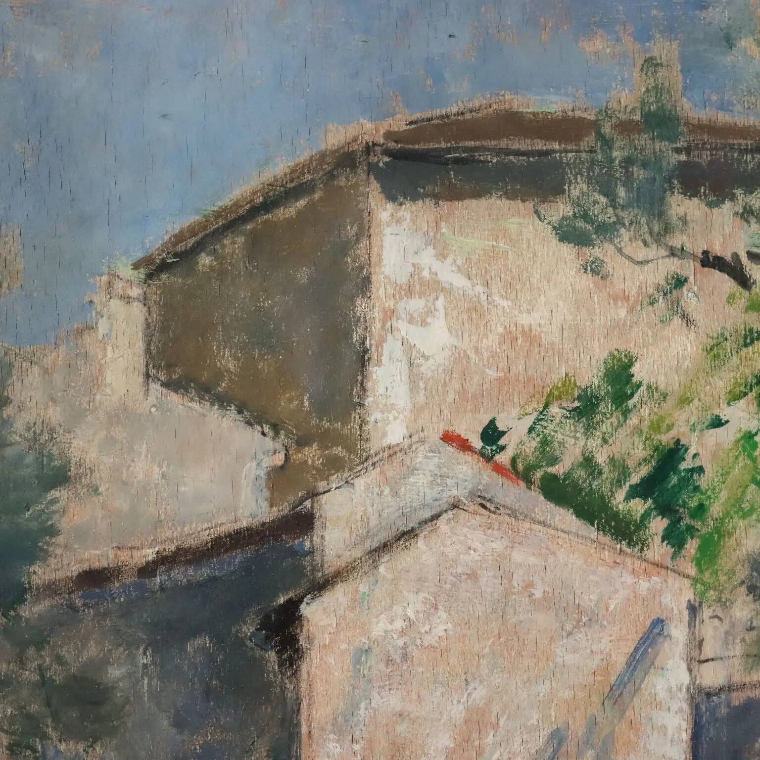 Modern painting signed Renzo Biasion, landscape of Garda, 1953.