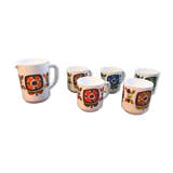 Old pitcher service - 5 mobil opaline white cups - vintage 70s drawing