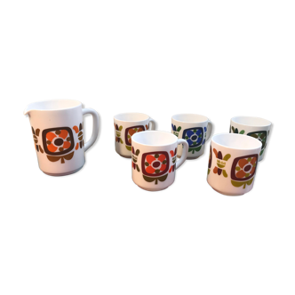 Old pitcher service - 5 mobil opaline white cups - vintage 70s drawing
