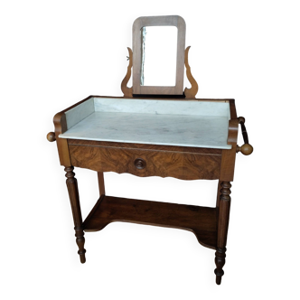 Table de toilette, coiffeuse ancienne en bois et marbre blanc