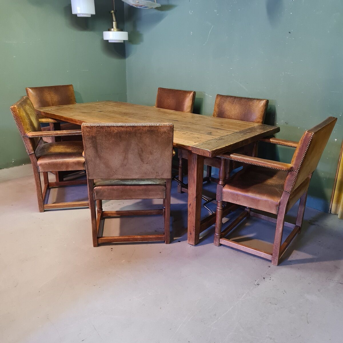 6 Oak Armchairs With Leather, Mid 20th Century