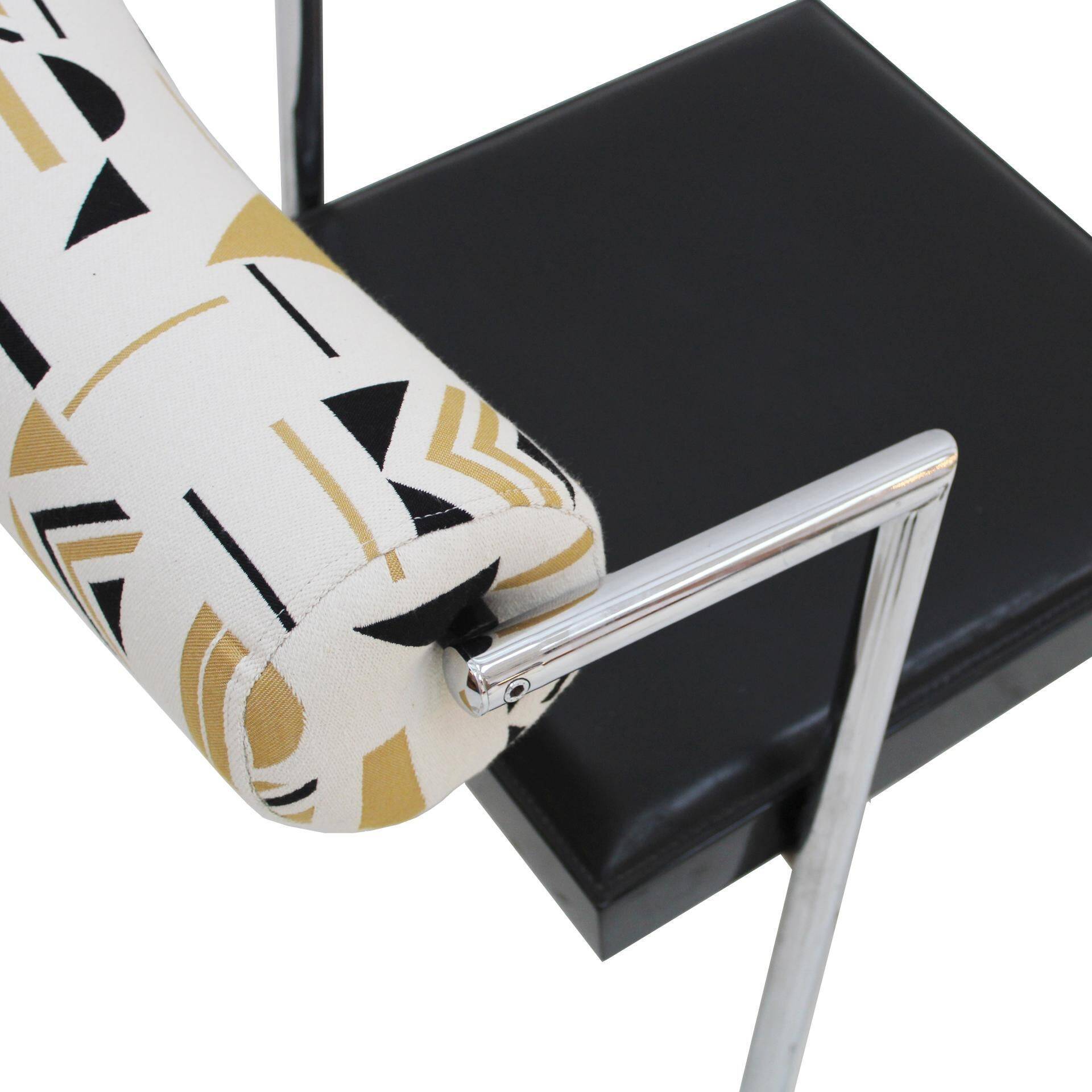 Set of Four Italian Chairs Edited by Saporiti. Jacquard Back and Leather Seat