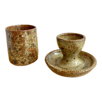Egg cup and bowl set in pyrite stoneware