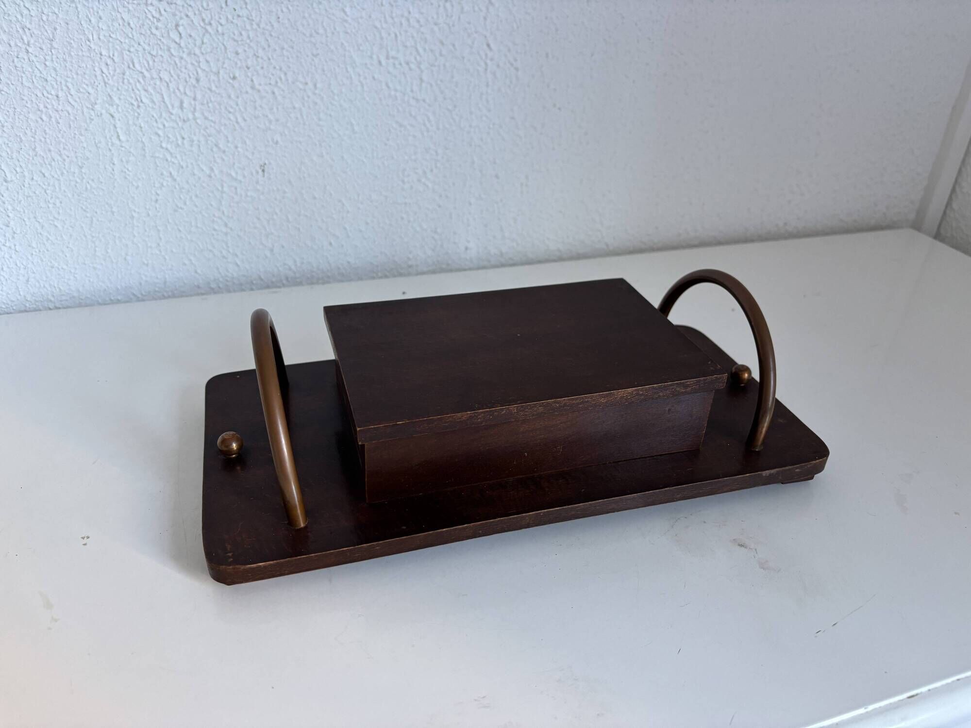 Vintage 1960 cigarette holder wooden metal copper - 31 x 15 cm