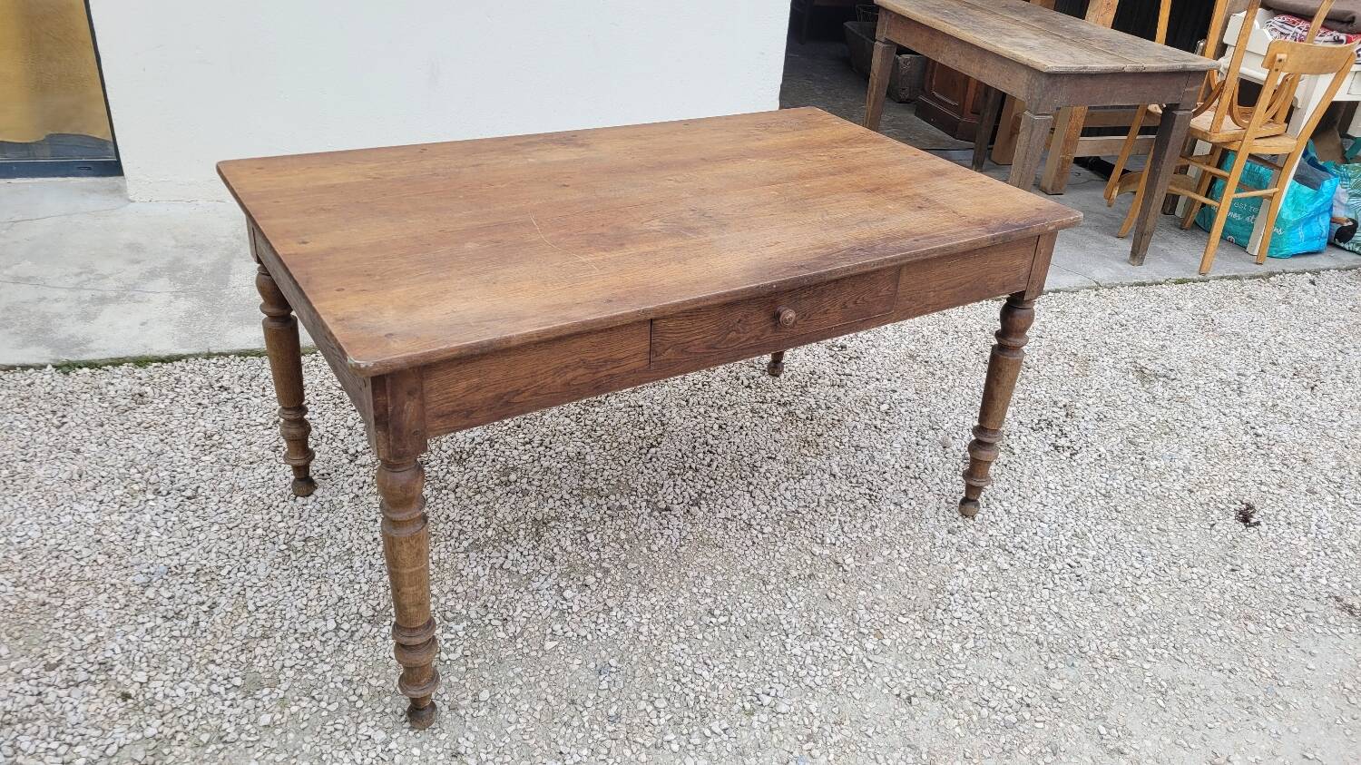Rustic farm table in solid oak, Louis Philippe legs, 19th century - 1m40