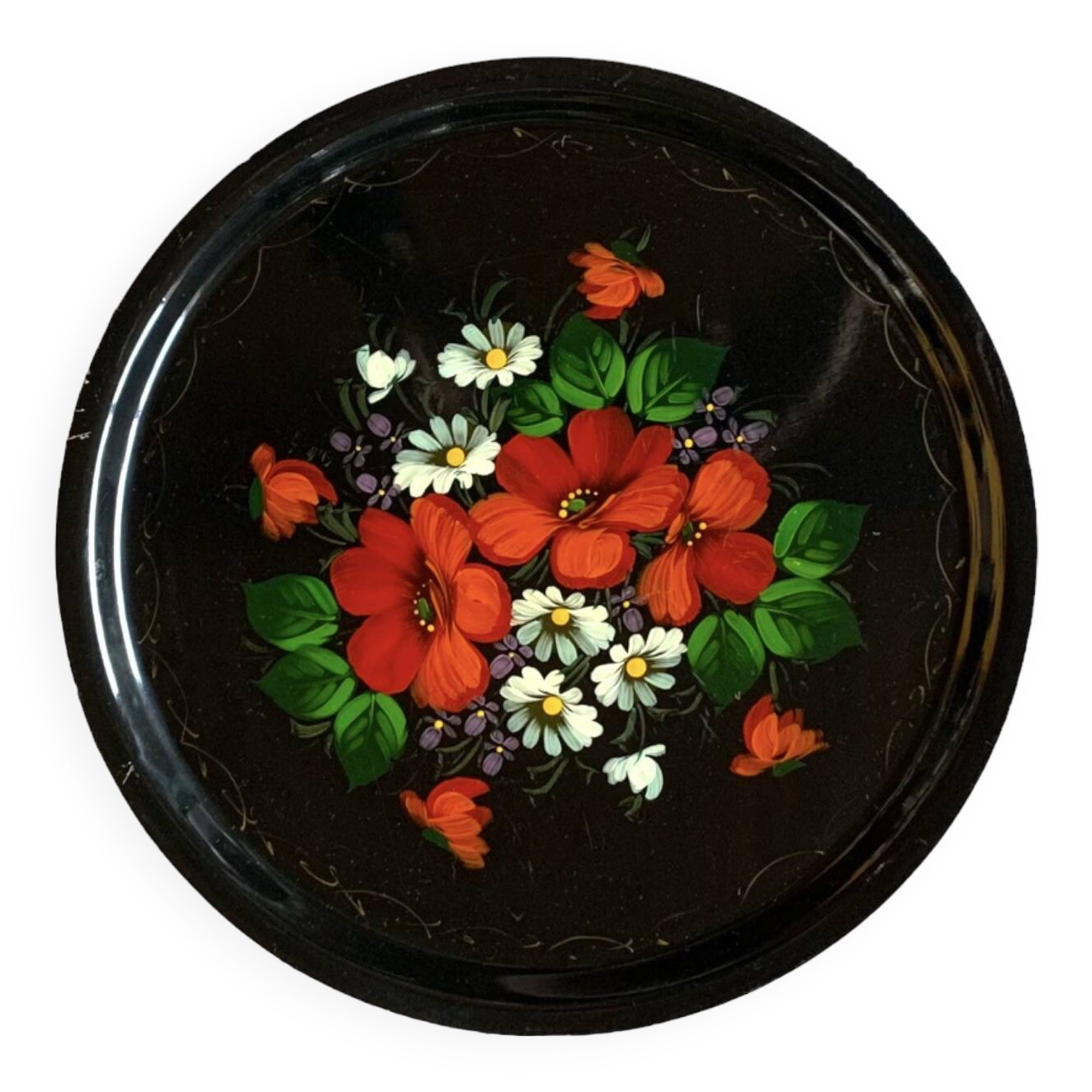 Vintage round tray in enamelled sheet metal - hand-painted floral decoration