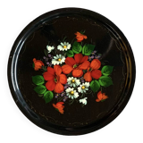Vintage round tray in enamelled sheet metal - hand-painted floral decoration