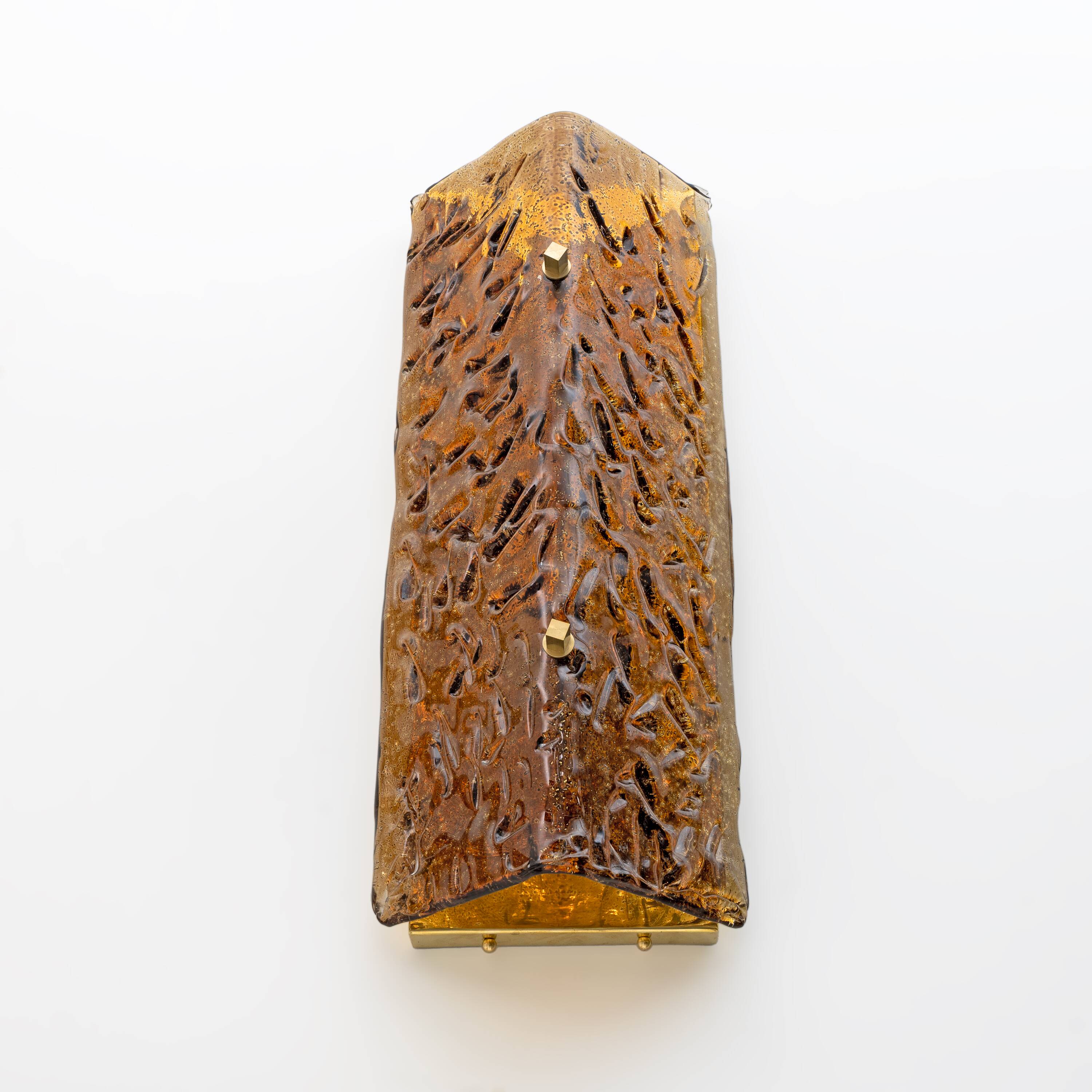 Pair of Amber Murano Glass and Brass Sconces