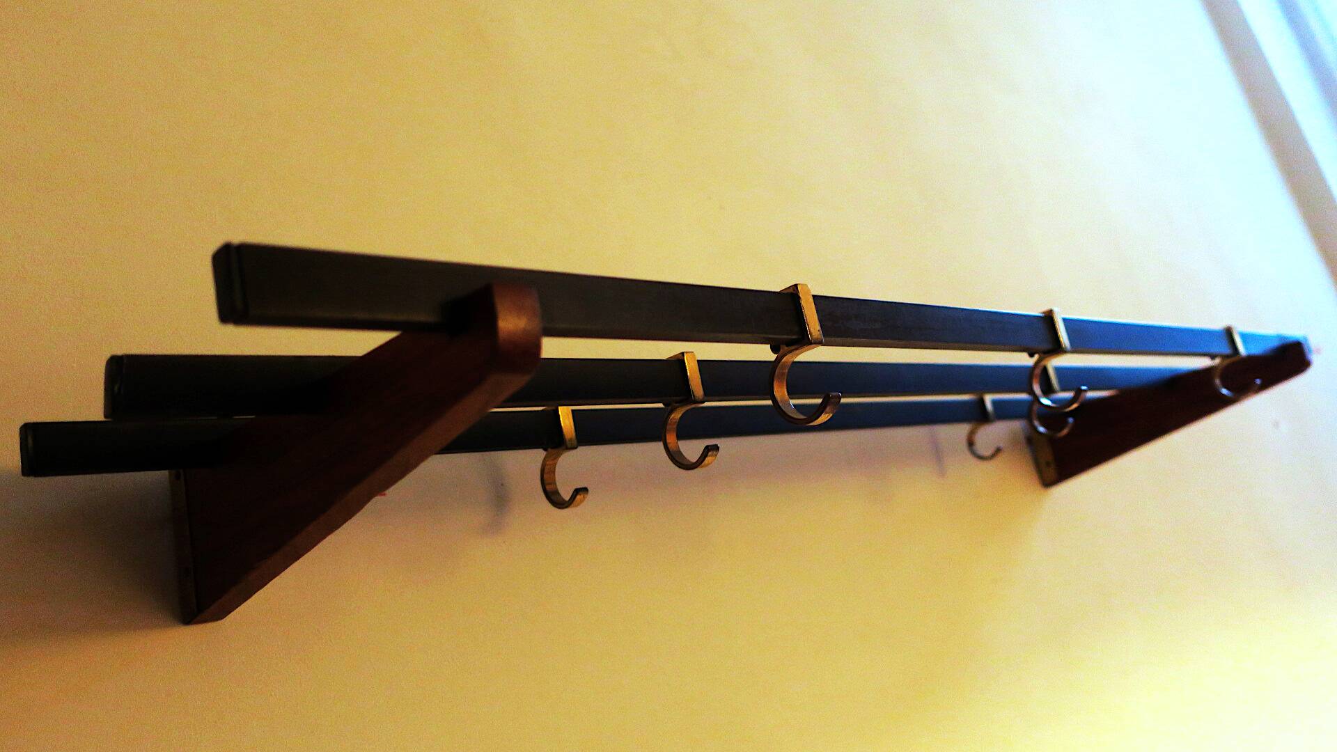 Teak and brass coat and hat rack with 7 sliding hooks, 1960s