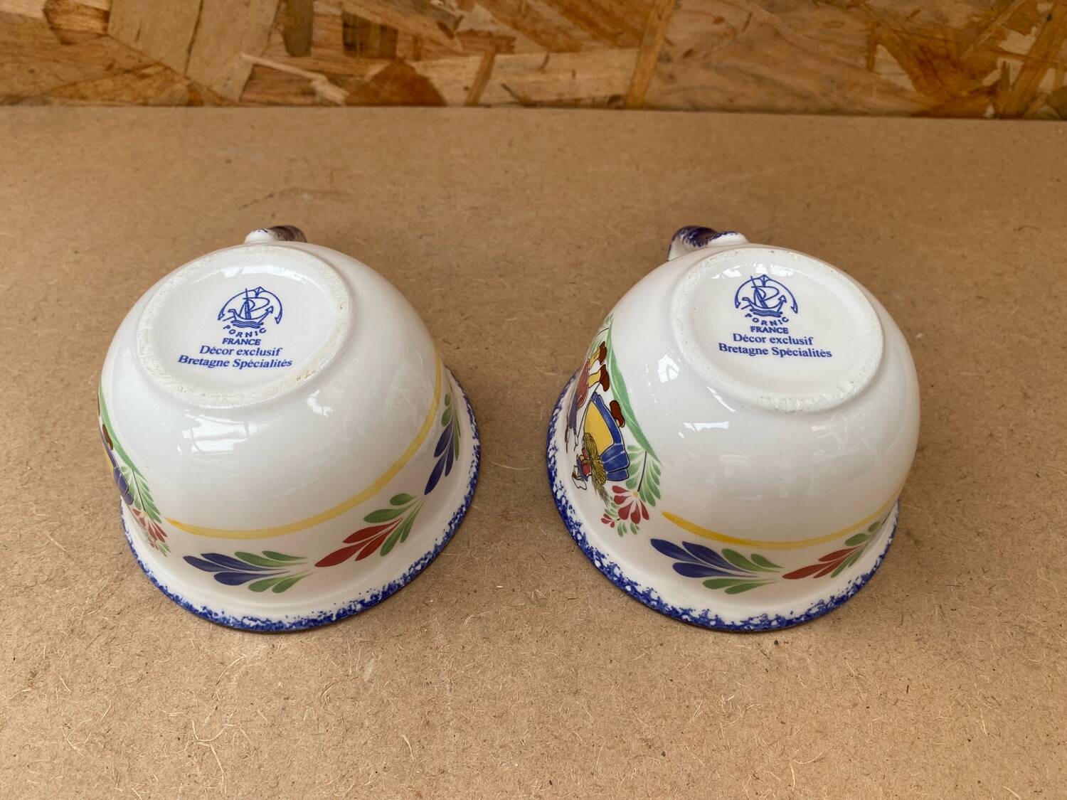 Paire ancienne tasse pornic céramique blanc bleu france vintage #b286