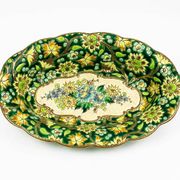 Longwy cup in cloisonné enamels on a green background, polychrome floral decoration and gold
