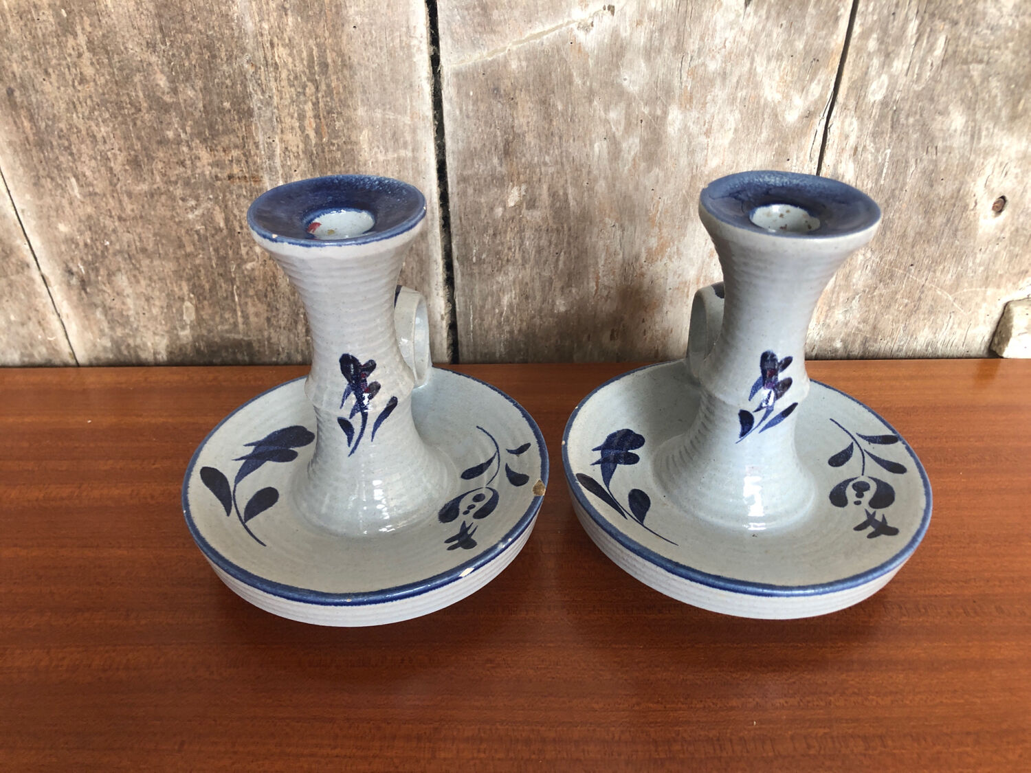Old pair of hand candlesticks st clément céramique bleue france #a266